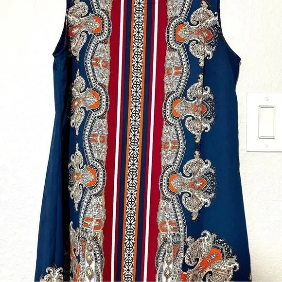 Artisan NY Womens Navy Burgundy Paisley Border Print Sleeveless Shift Dress 6 - Picture 10 of 10